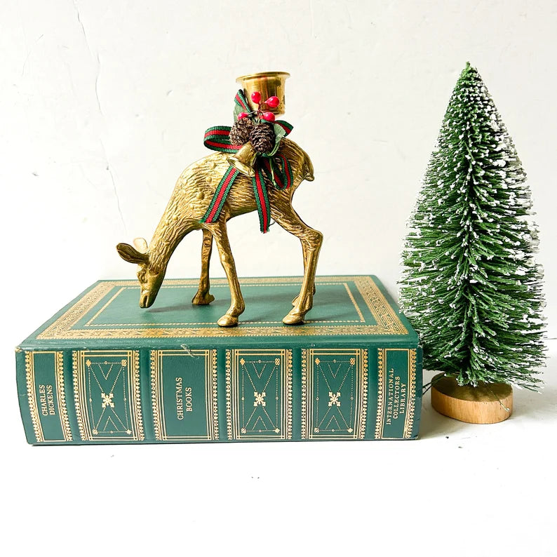 Vintage brass reindeer taper candle holder, Christmas Decor