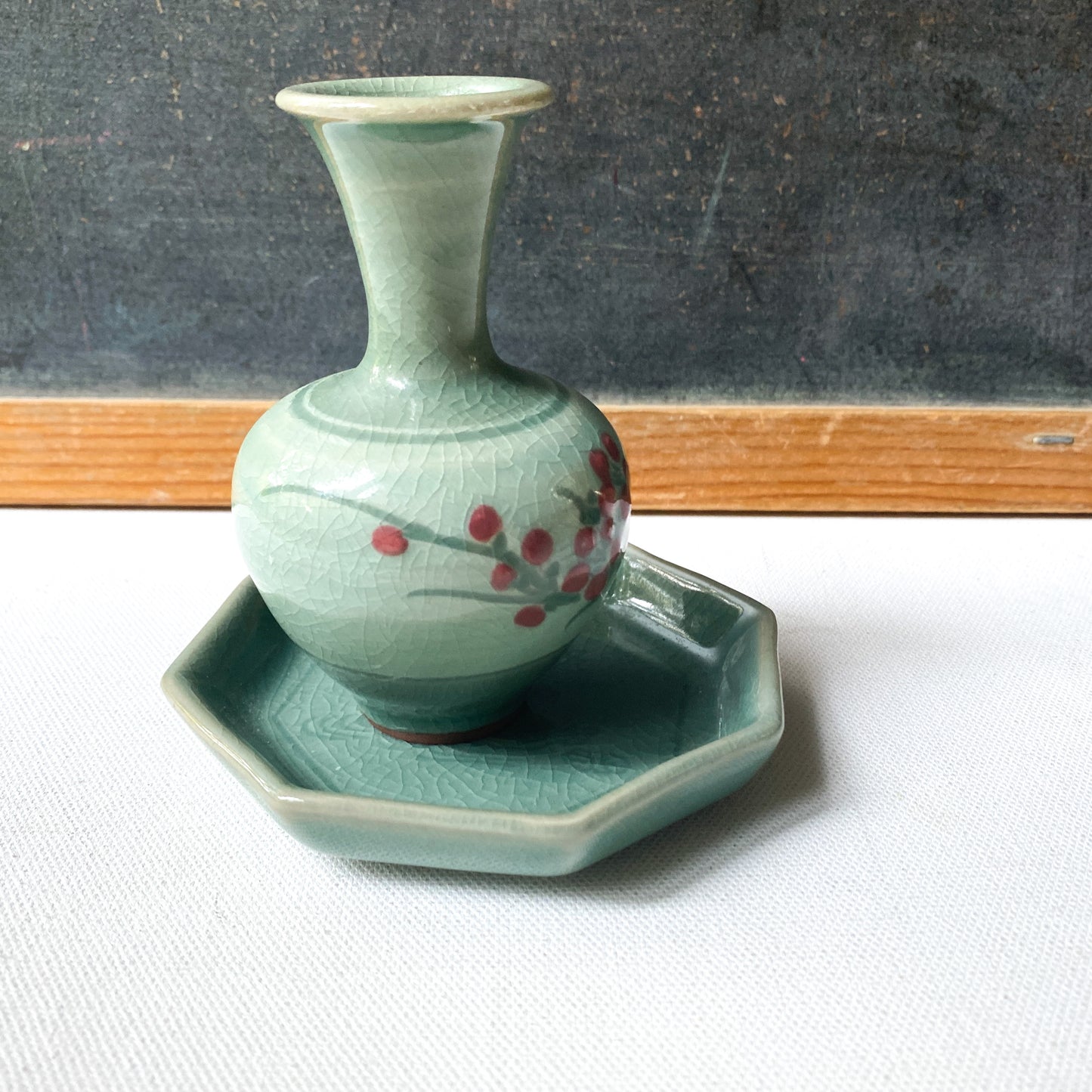 Vintage Asian Celadon Bud Vase and Trinket Dish