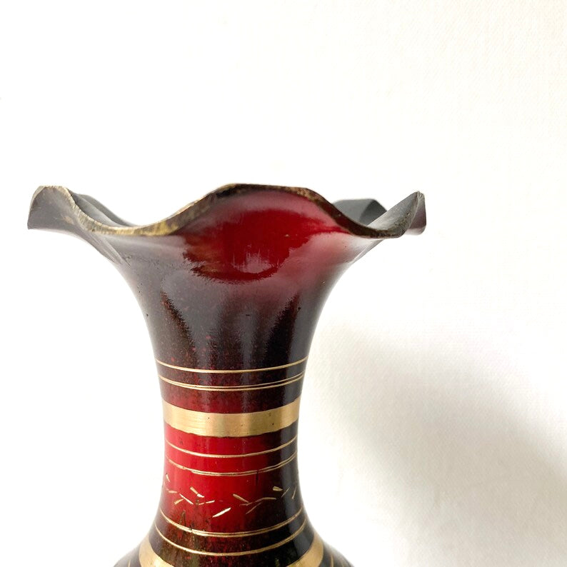 Vintage Etched Brass Red and Black Vase