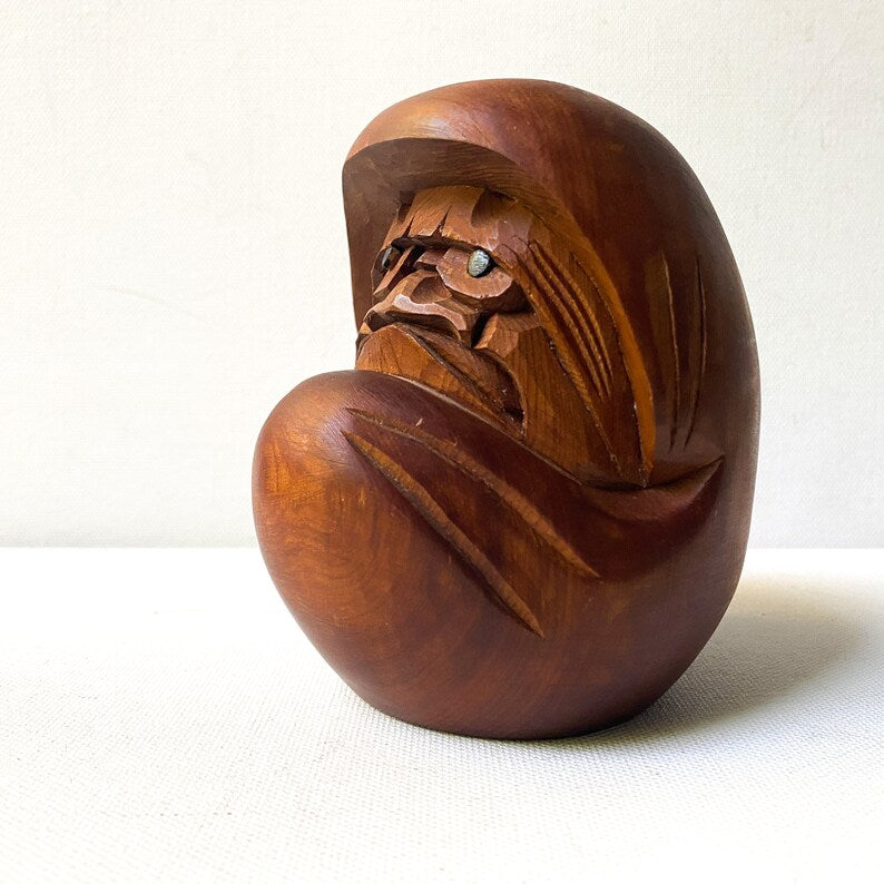 Vintage Carved Daruma Figurine, grumpy tiki