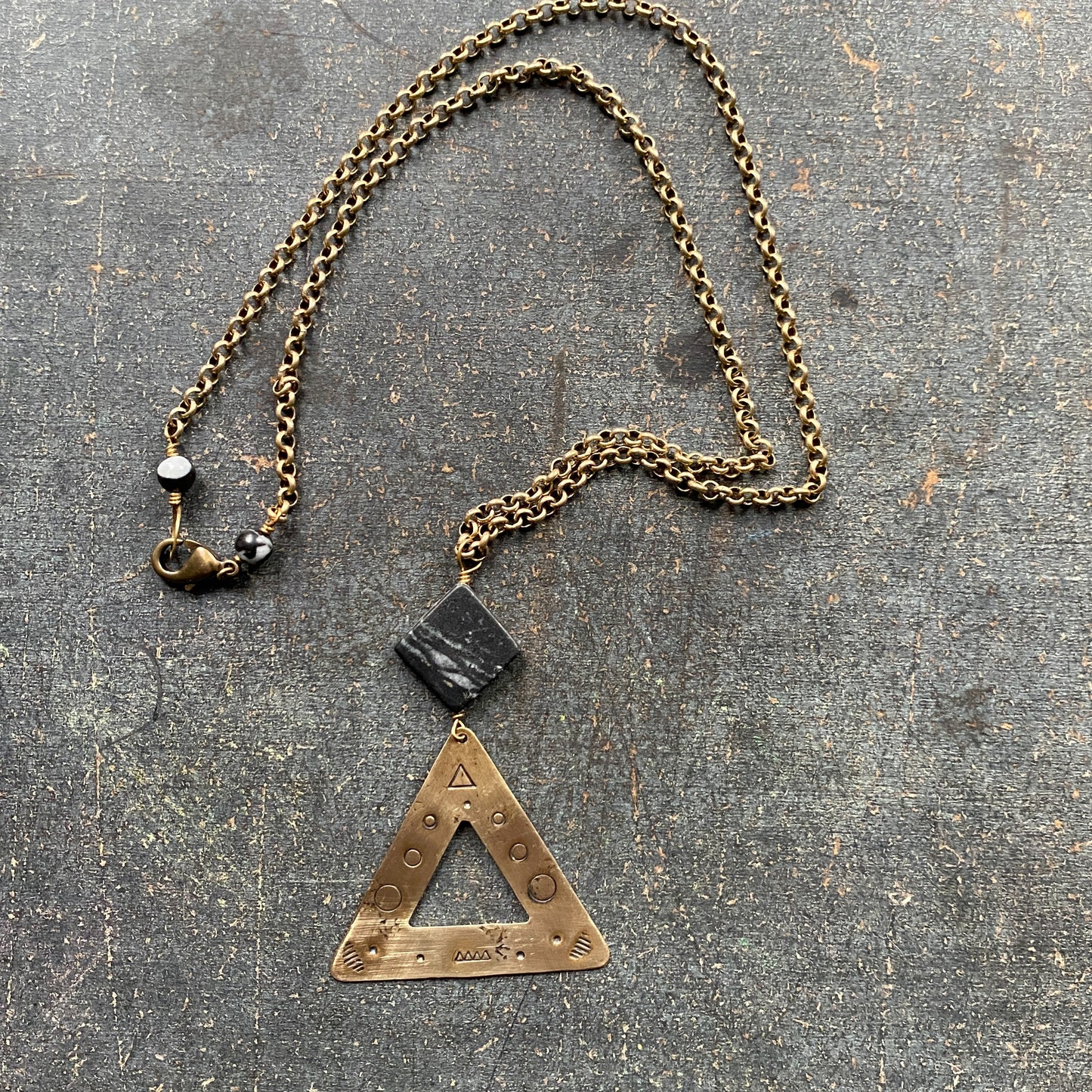 Celestial Geometry Necklace, Stamped Triangle Pendant
