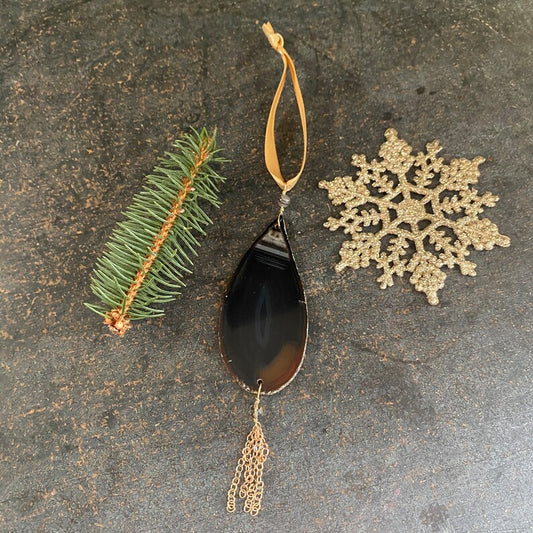 Agate Slice and Gold Fringe Ornament, natural Christmas decor