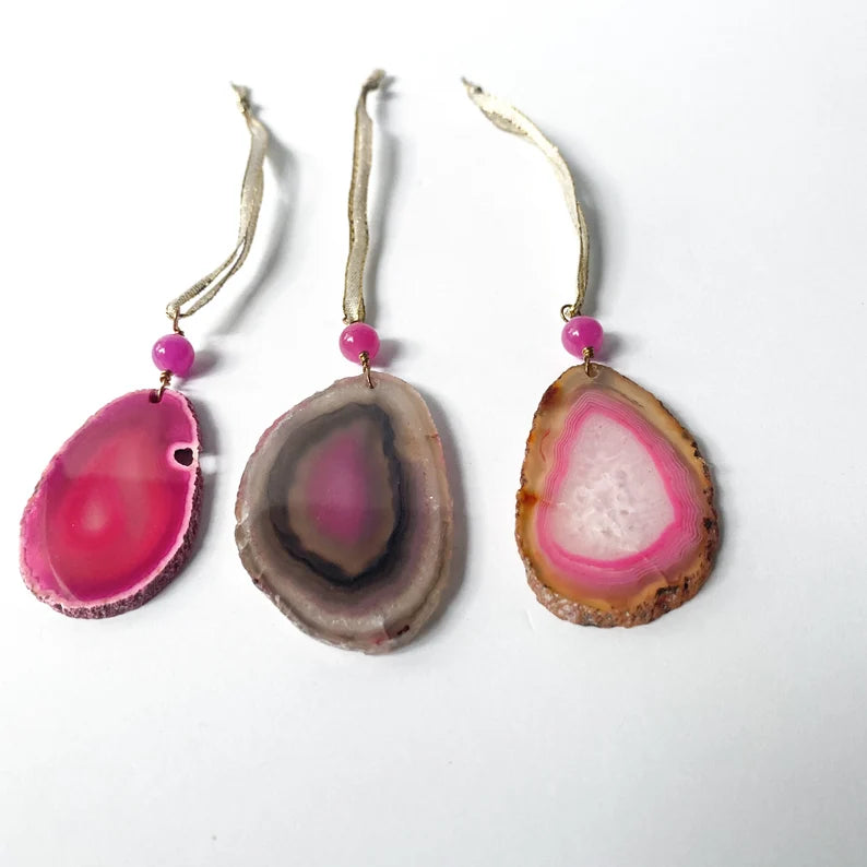 Pink Agate Slice Ornaments, Set of 3