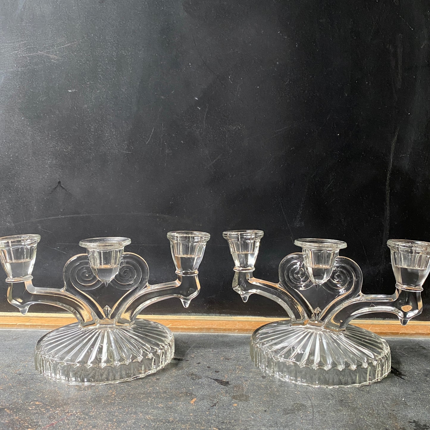 Vintage Pressed Glass Candleabra Set, Jeanette Cosmos Clear
