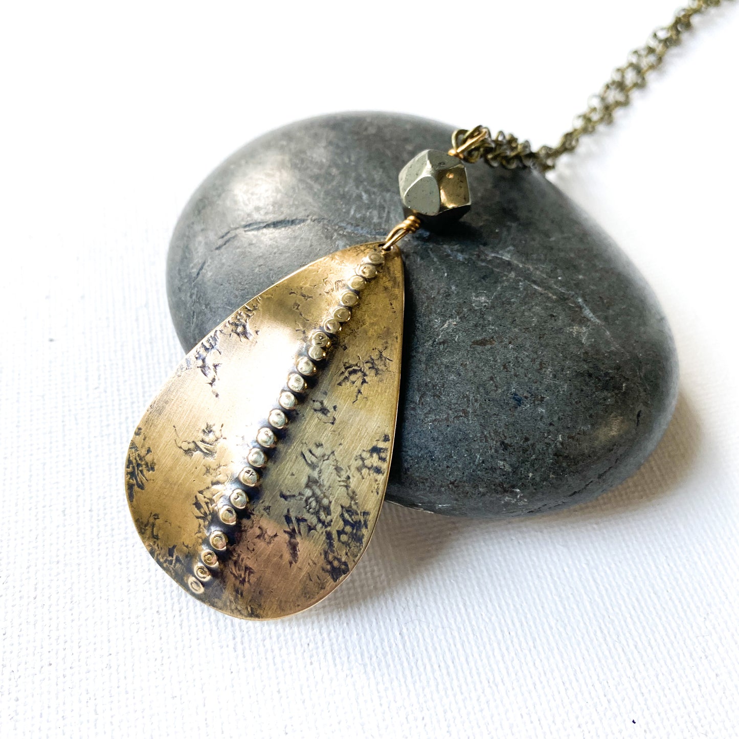 Dotted Ridge Necklace, Distressed Brass Pendant
