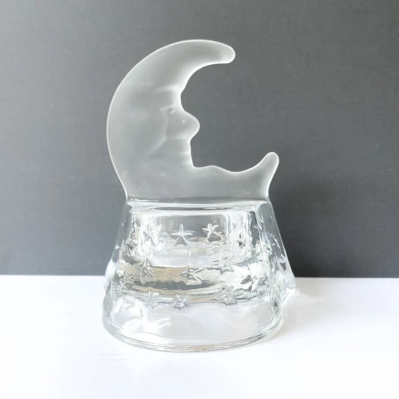 Vintage Glass Crescent Moon and Stars Tealight Candle holder