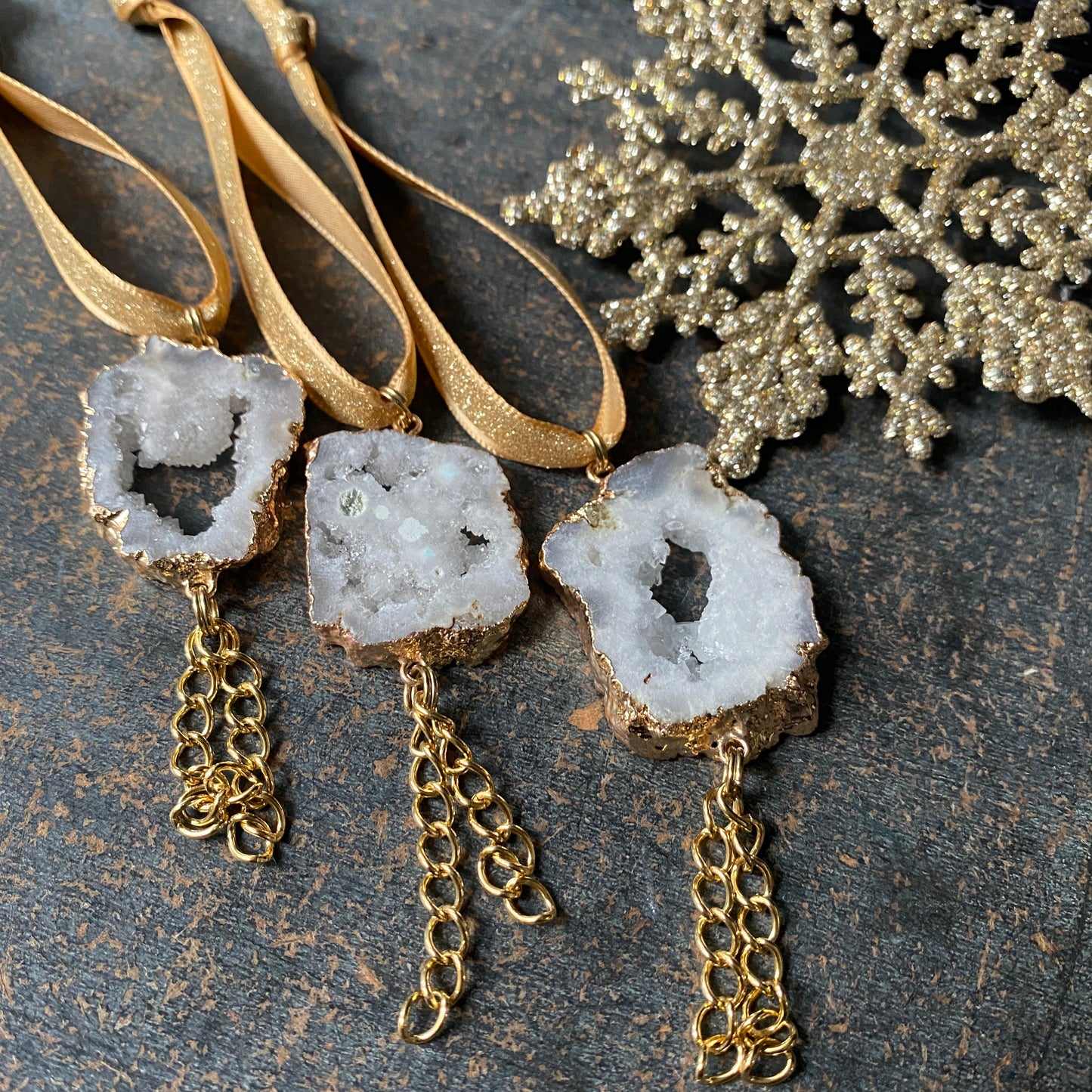 Geode Slice Ornaments, Set of 3, Natural Christmas Tree Decor