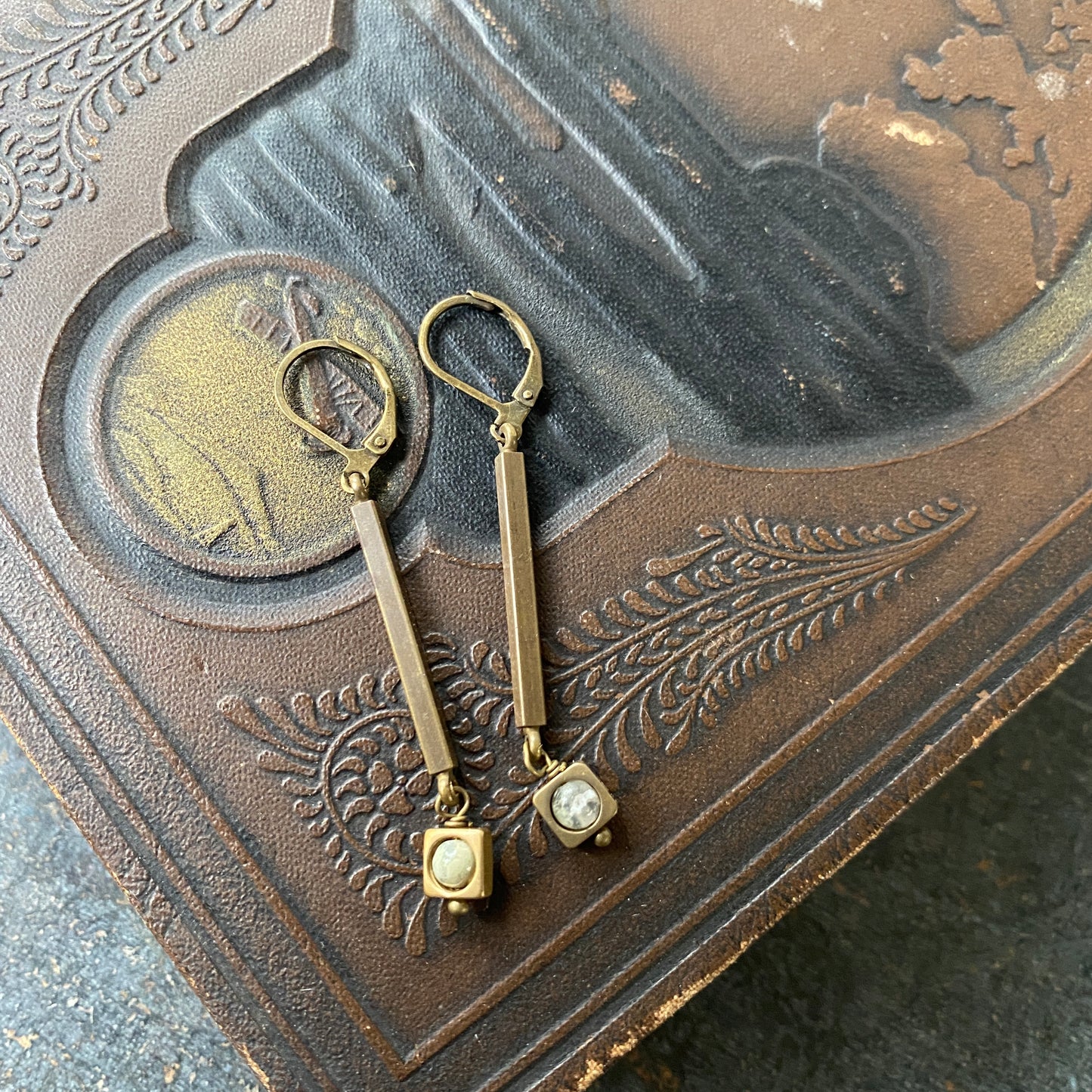 Brass bar earrings, Art Deco style