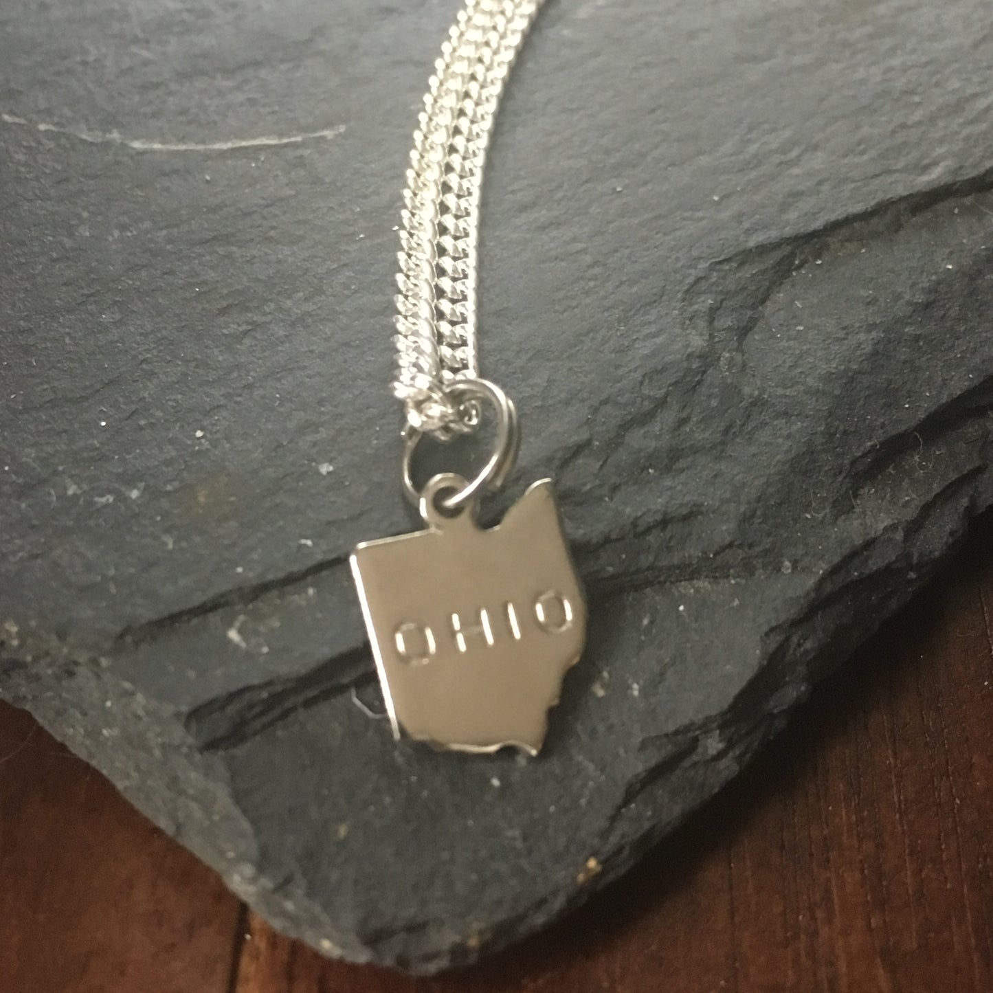 Silver Ohio stamped charm necklace