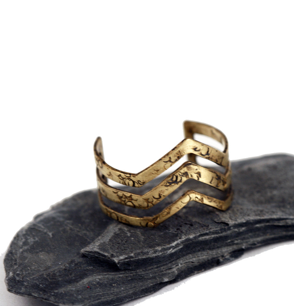 Chevron Ring Adjustable Brass Ring Triple Chevron Style