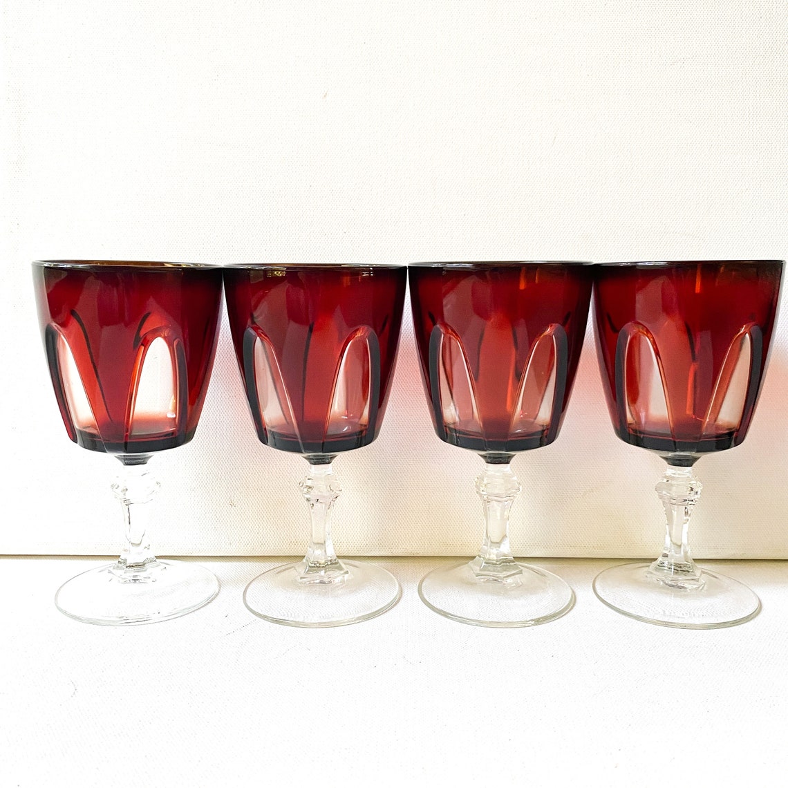 Vintage Red Wine Goblets, Cristal D'Arques Durand of France, Ruby Red Gothic Arch Wine Goblets