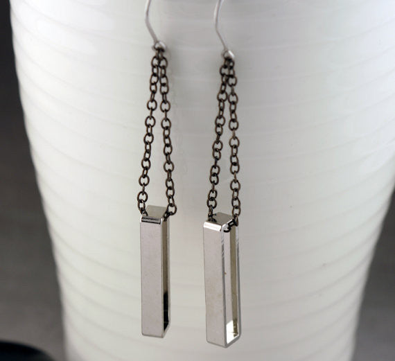 Geometric Rectangle Dangle Earrings (Silver)