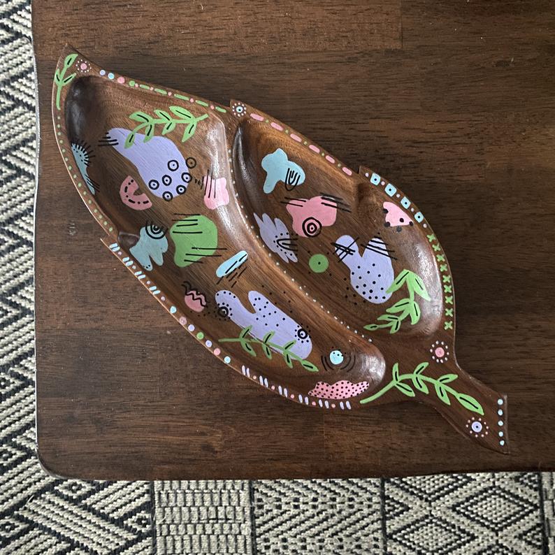 Vintage Hand Painted Monkeypod Wood Tray, Tropical style, Bohemian decor