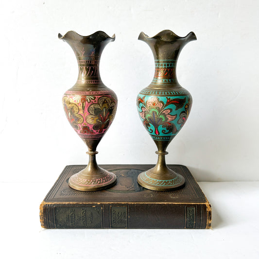 Vintage Bohemian Style Enameled Brass Vases, Set of 2