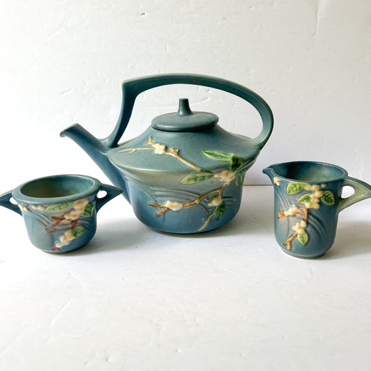 Roseville Pottery Tea Set, Snowberry Pattern, Persian Blue, Midcentury Ceramics