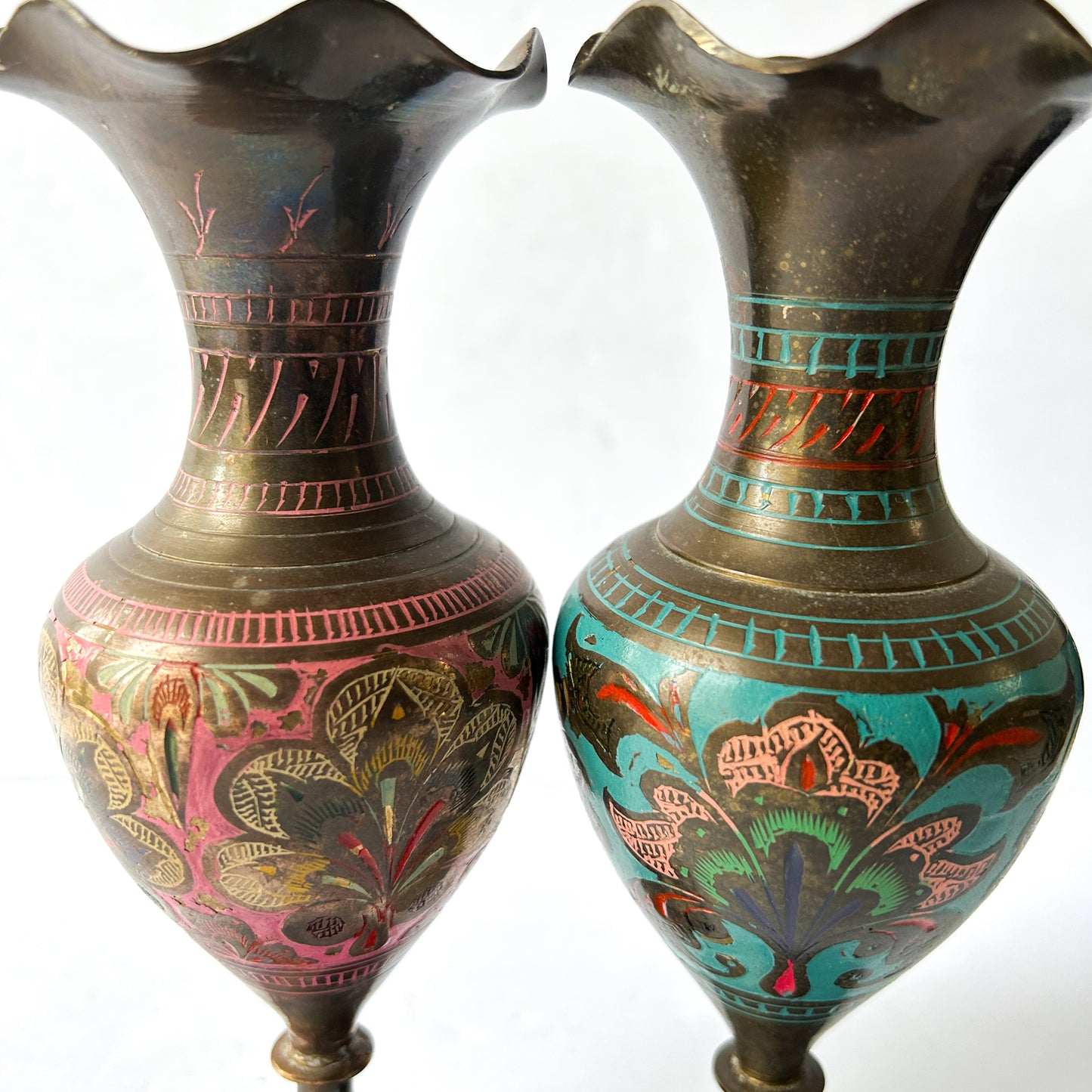 Vintage Bohemian Style Enameled Brass Vases, Set of 2
