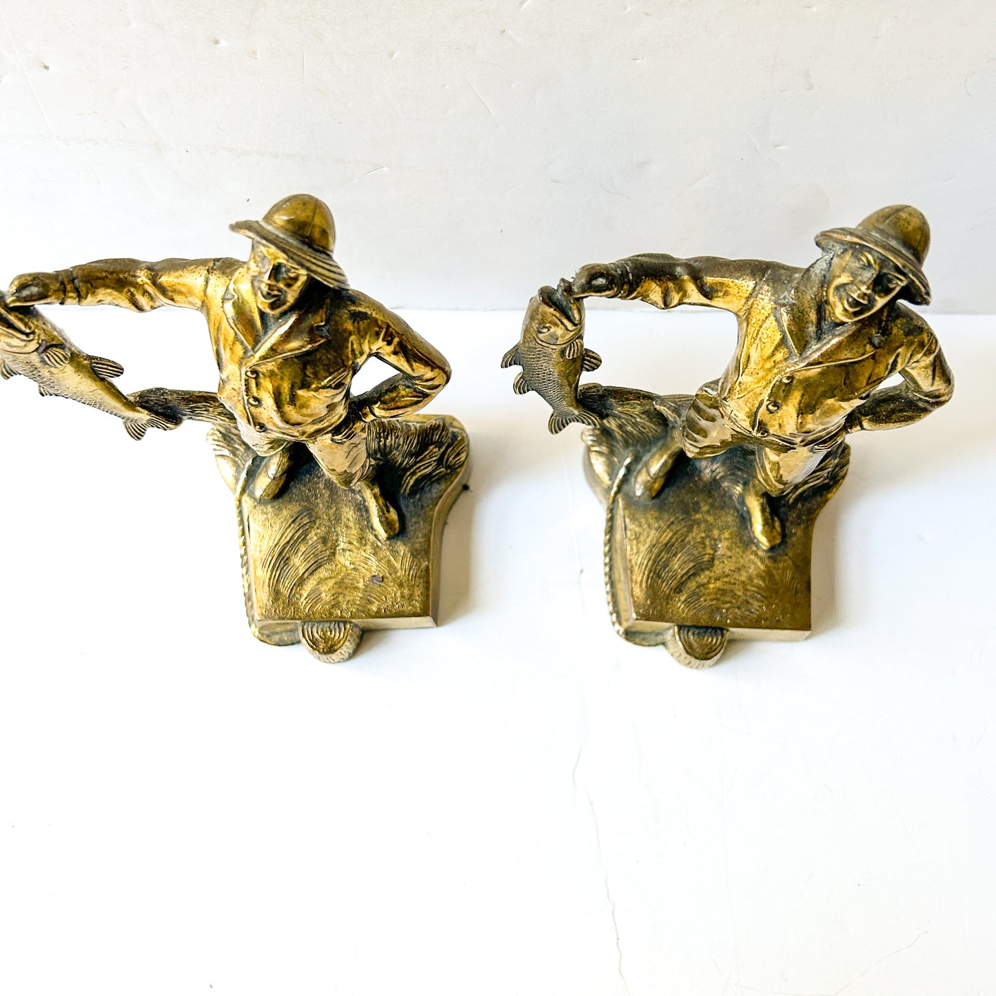 Vintage Jennings Brothers Fisherman Bookends, brass library decor