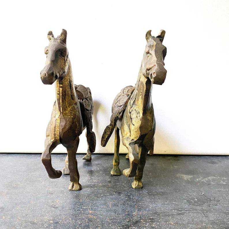 Vintage metal horses, brass and bronze tones with removable saddles, Western Equestrian Decor
