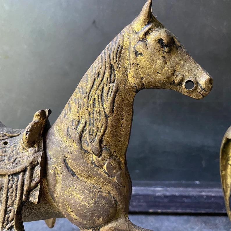 Vintage metal horses, brass and bronze tones with removable saddles, Western Equestrian Decor