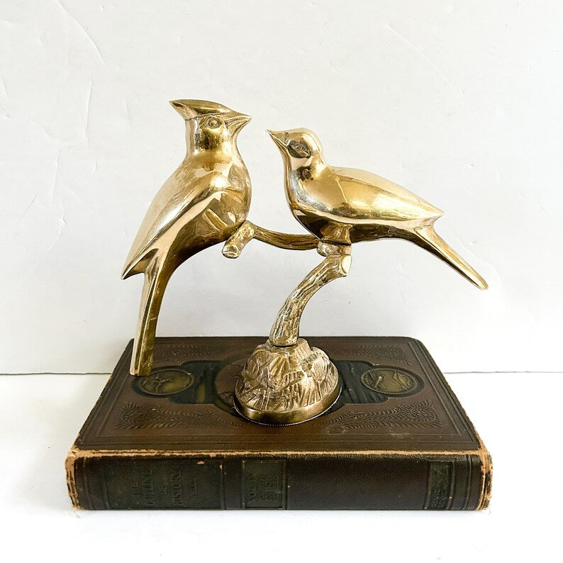 Vintage birds on a branch sculpture, pair of cardinals, love birds