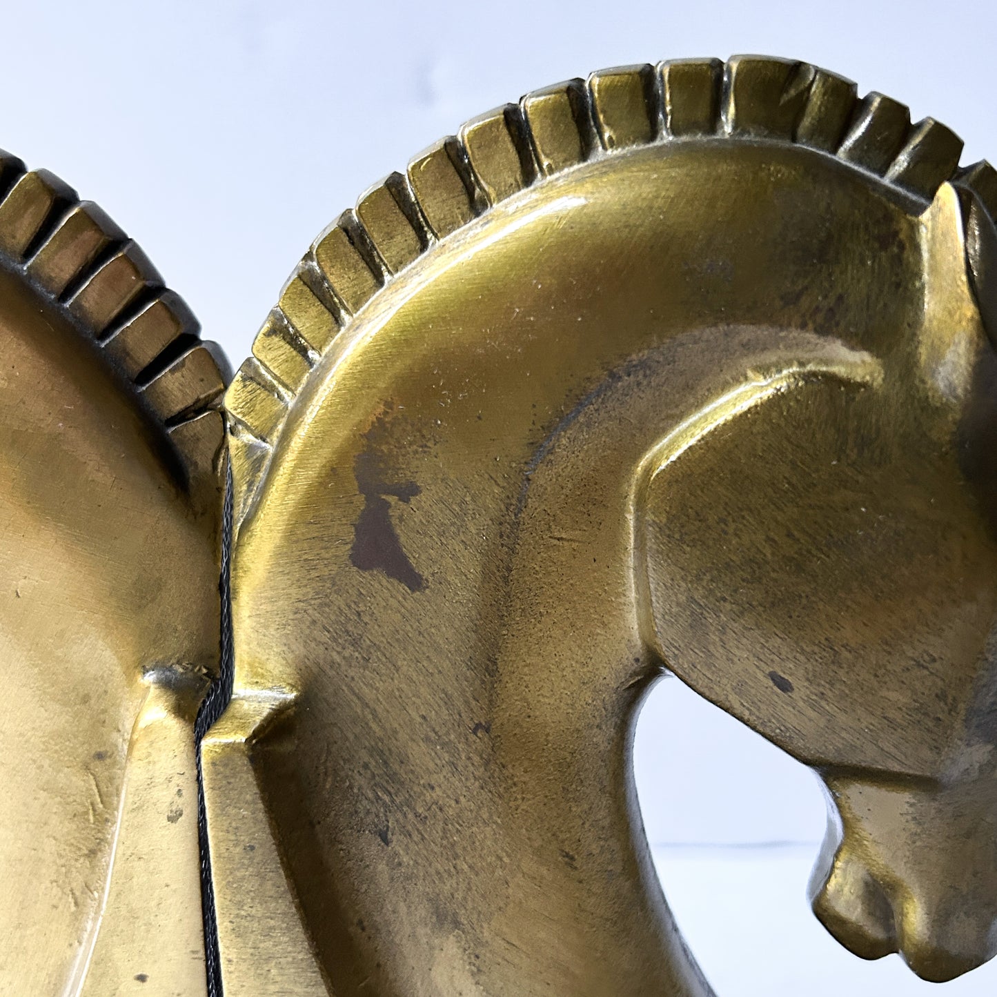 Vintage Art Deco Style Horse Head Bookends, Antiqued Brass Tone Lacquer Finish