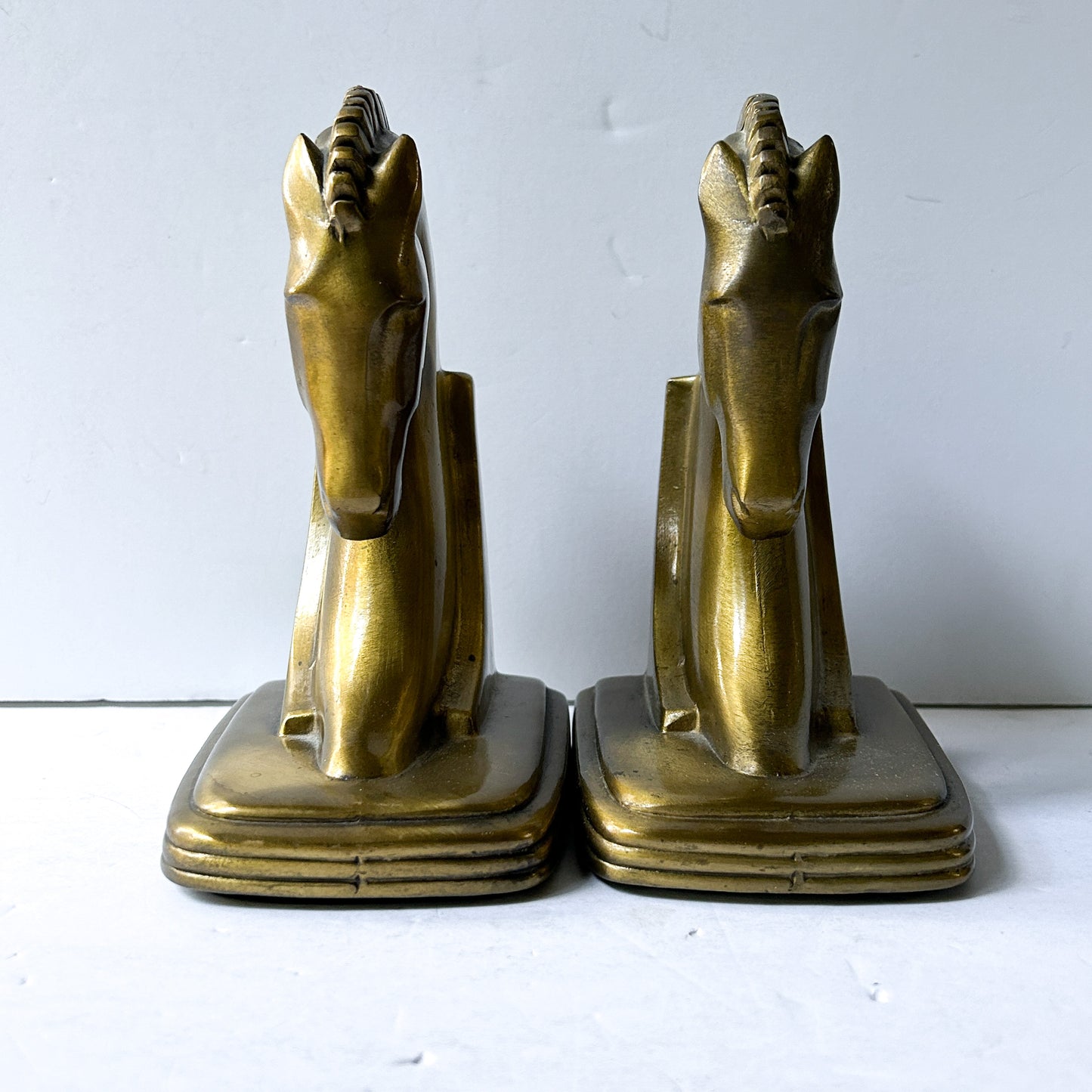 Vintage Art Deco Style Horse Head Bookends, Antiqued Brass Tone Lacquer Finish