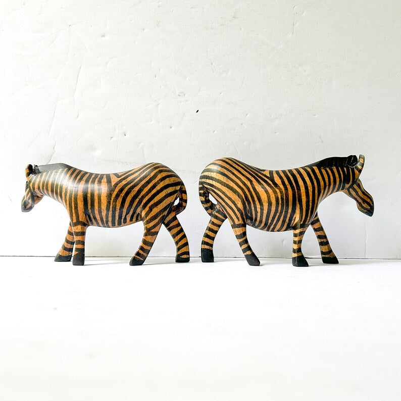 Vintage Wood Zebra Sculptures, Collection of 2