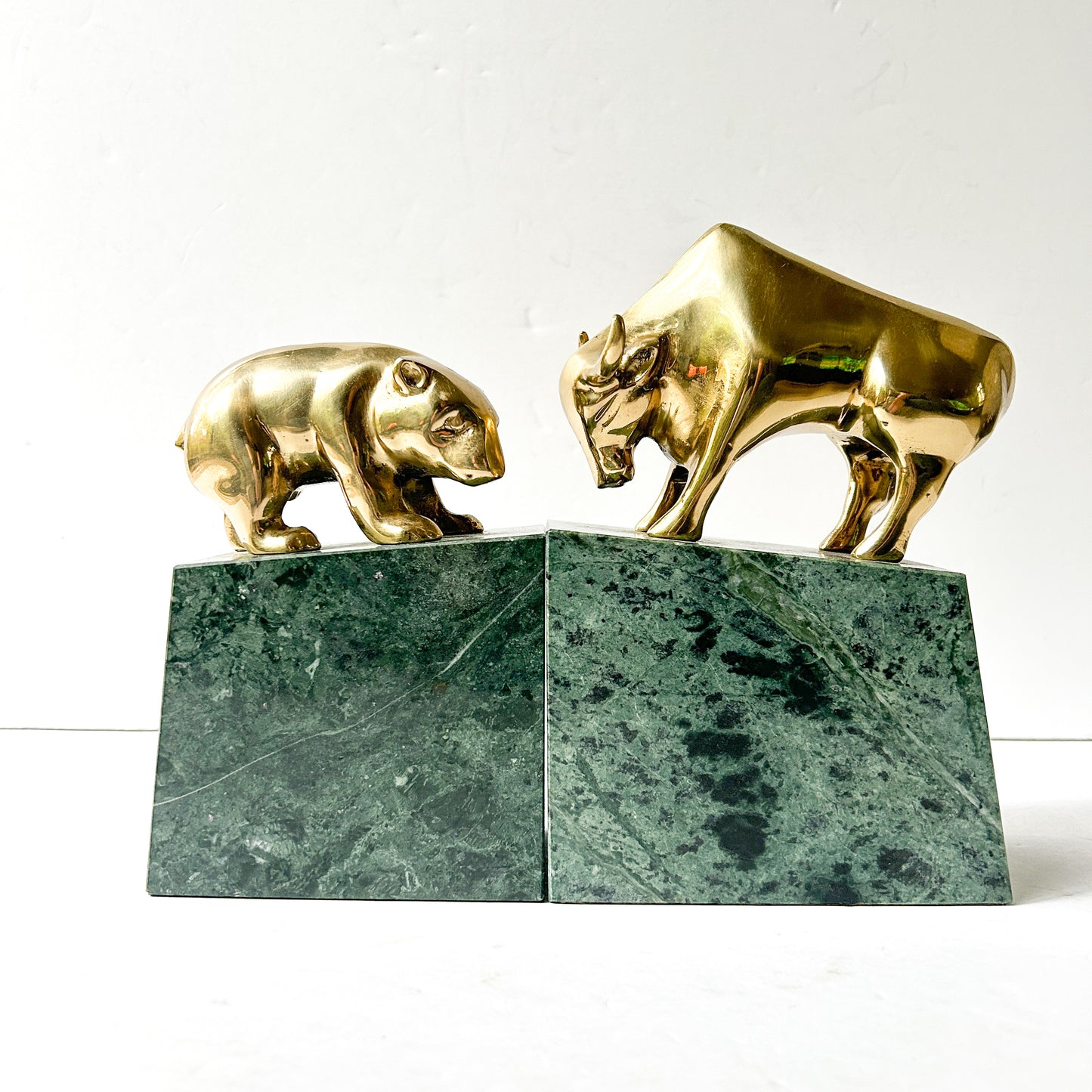 Vintage Brass Bull and Bear Bookends on Marble, Heavy Stock Market Themed Office Decor