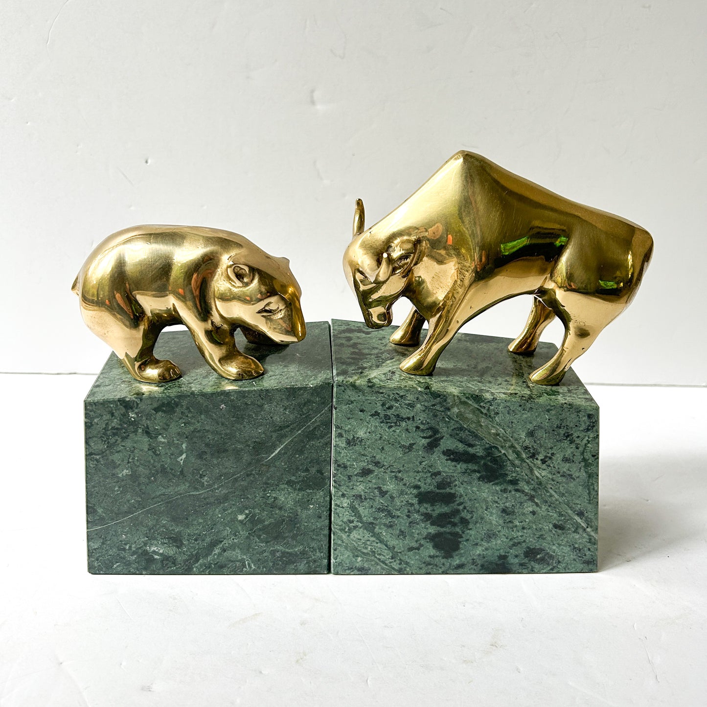 Vintage Brass Bull and Bear Bookends on Marble, Heavy Stock Market Themed Office Decor