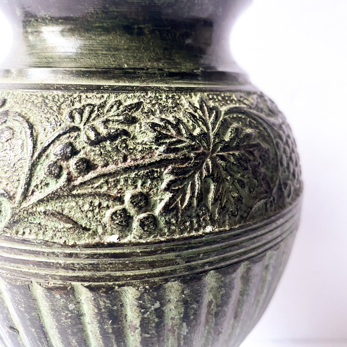 Vintage fluted metal pedestal vase, bronze tone with verdigris