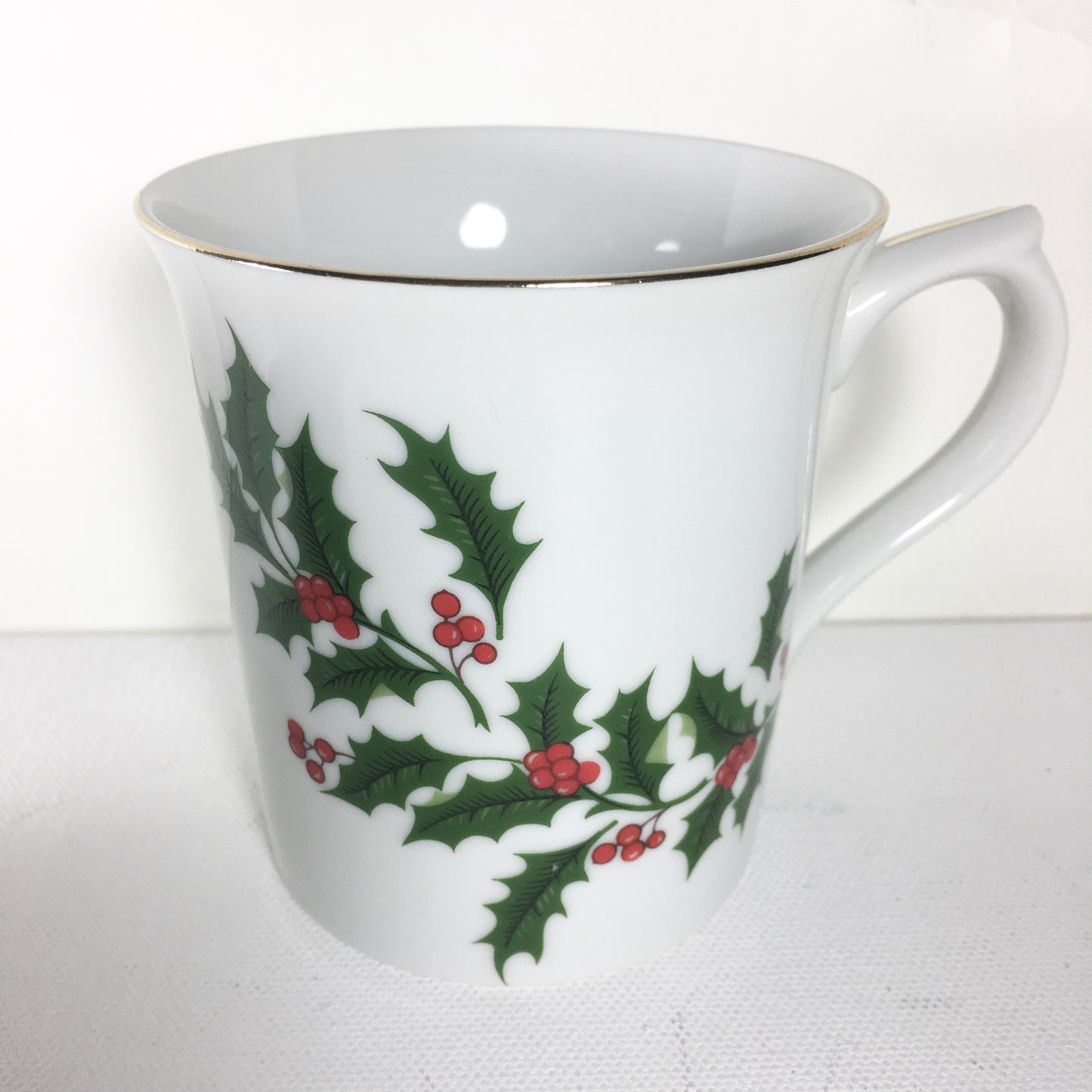 Set of four vintage porcelain holiday mugs, the Trimmings, Christmas Decor