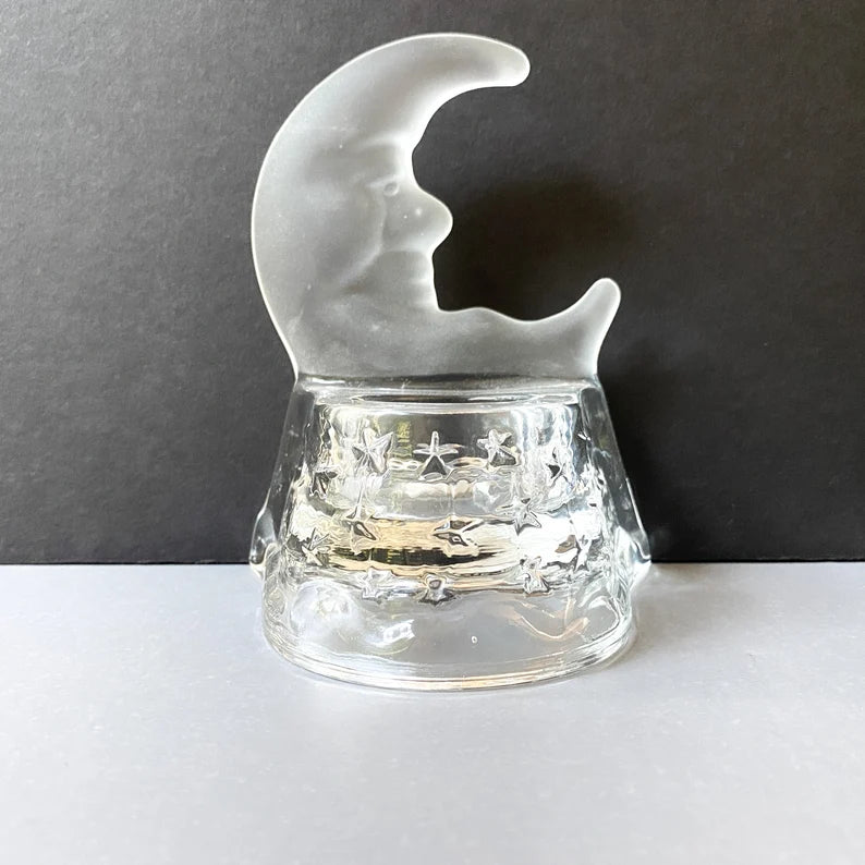 Vintage Glass Crescent Moon and Stars Tealight Candle holder