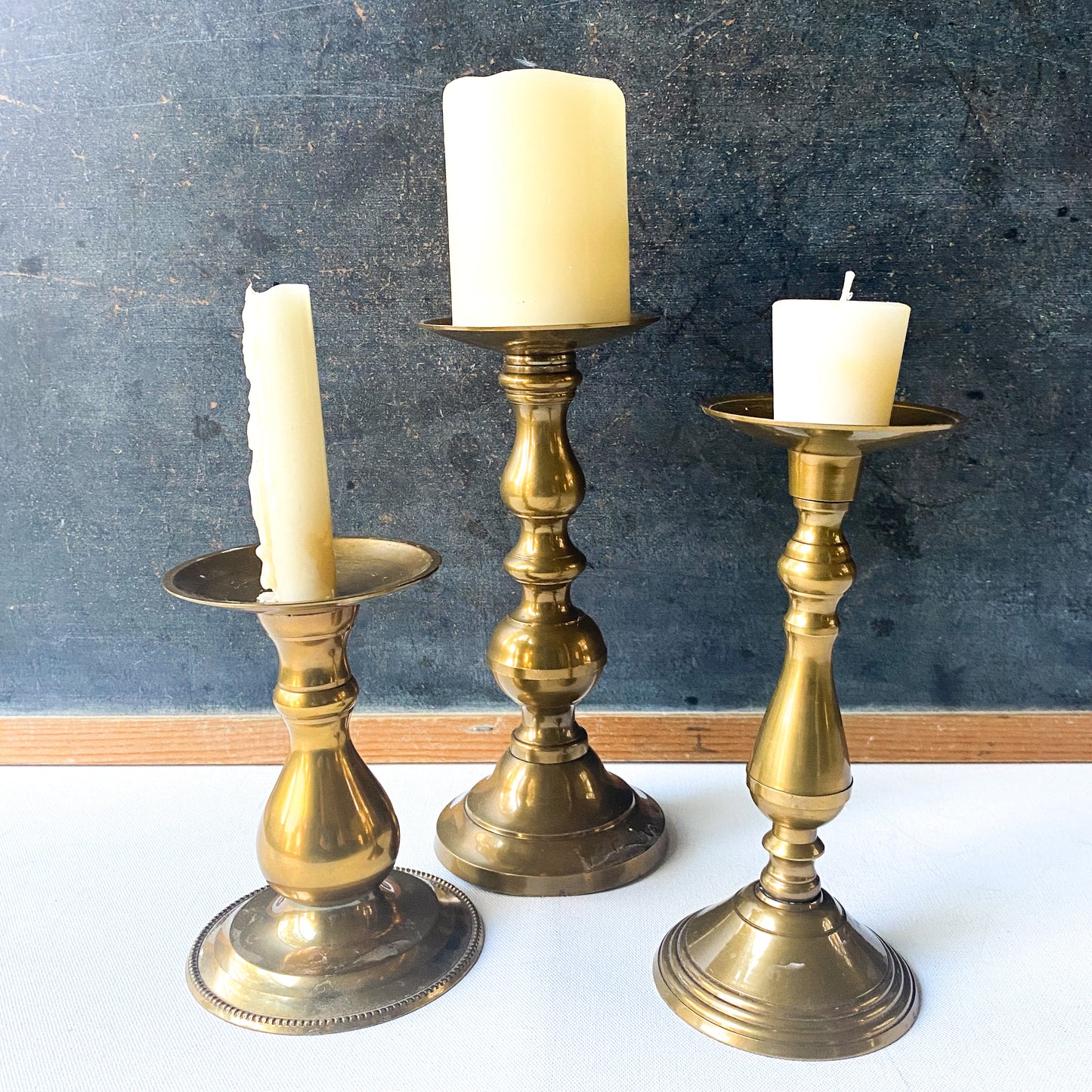 Vintage Brass Candle Holders, Taper or Pillar Candle Trio