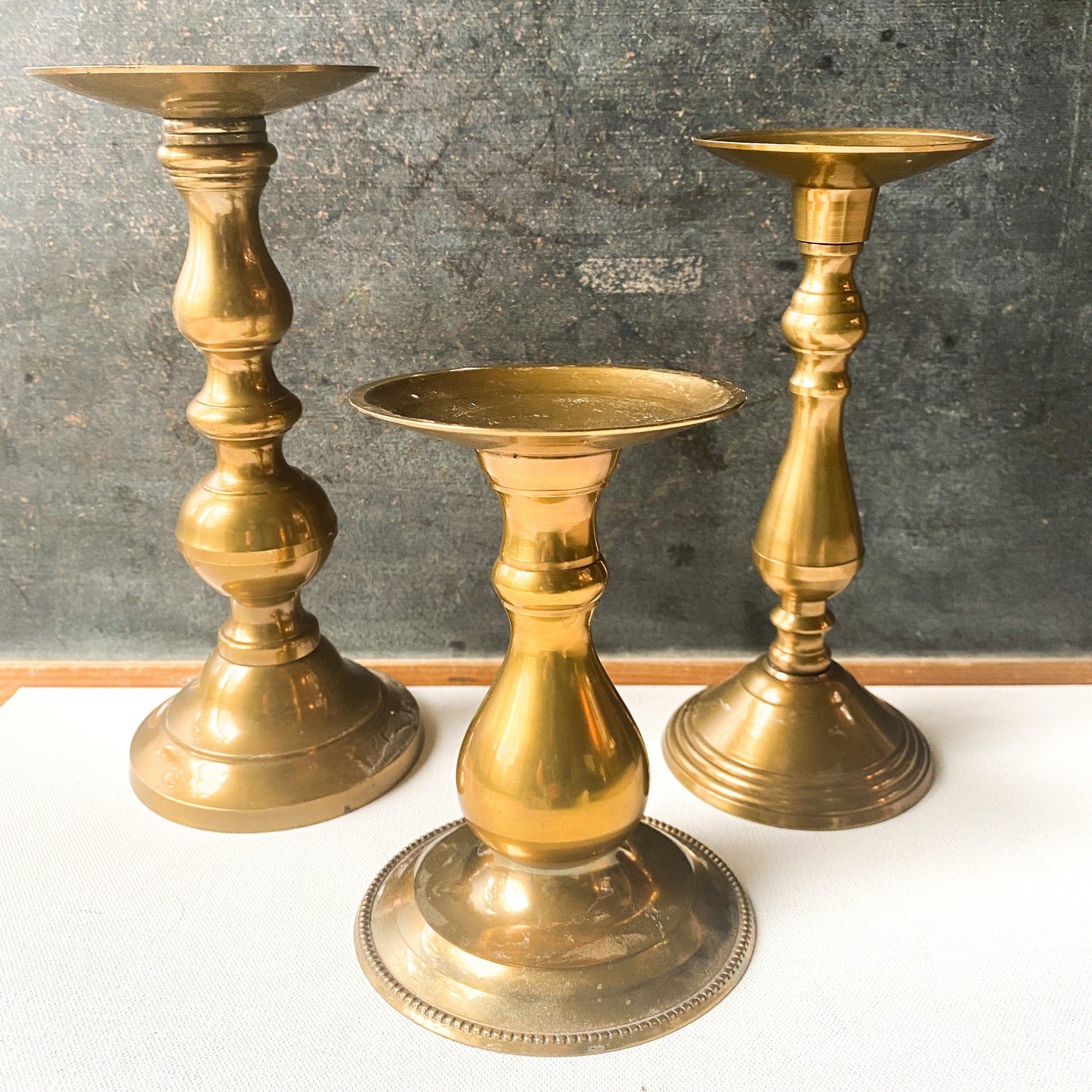 Vintage Brass Candle Holders, Taper or Pillar Candle Trio