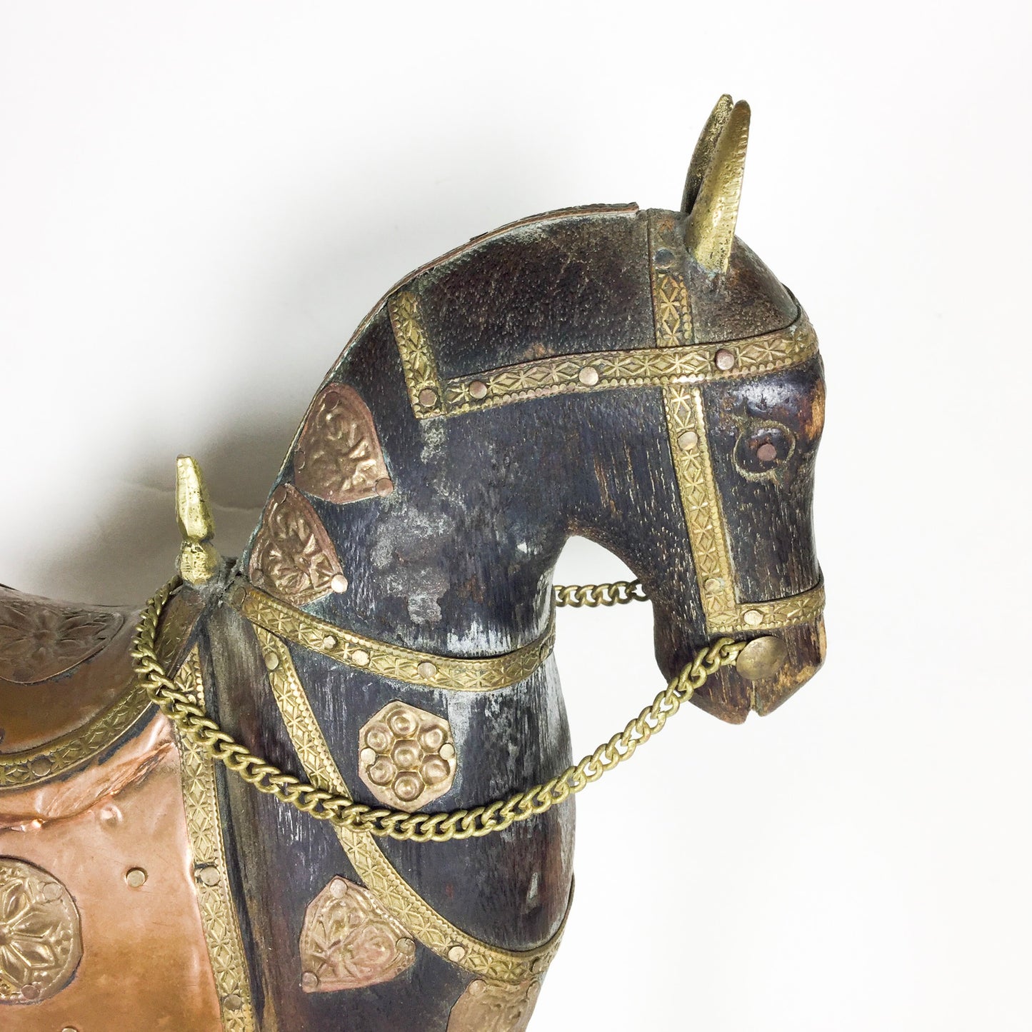 Vintage Wood and Metal Horse with brass and copper
