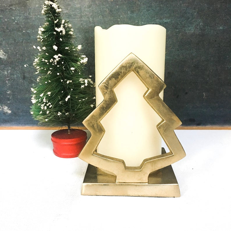 Pillar Candle Holder, Vintage Brass Christmas Tree, Holiday Decor