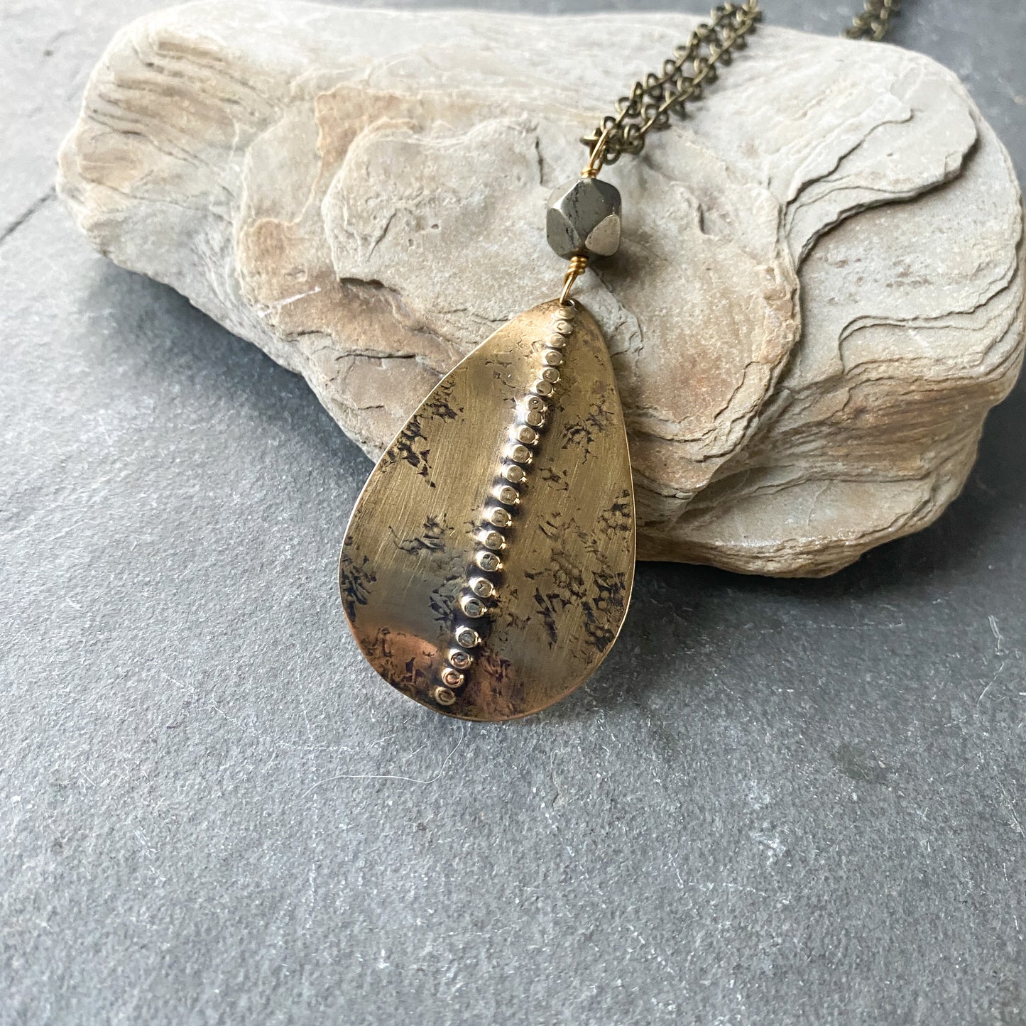 Dotted Ridge Necklace, Distressed Brass Pendant