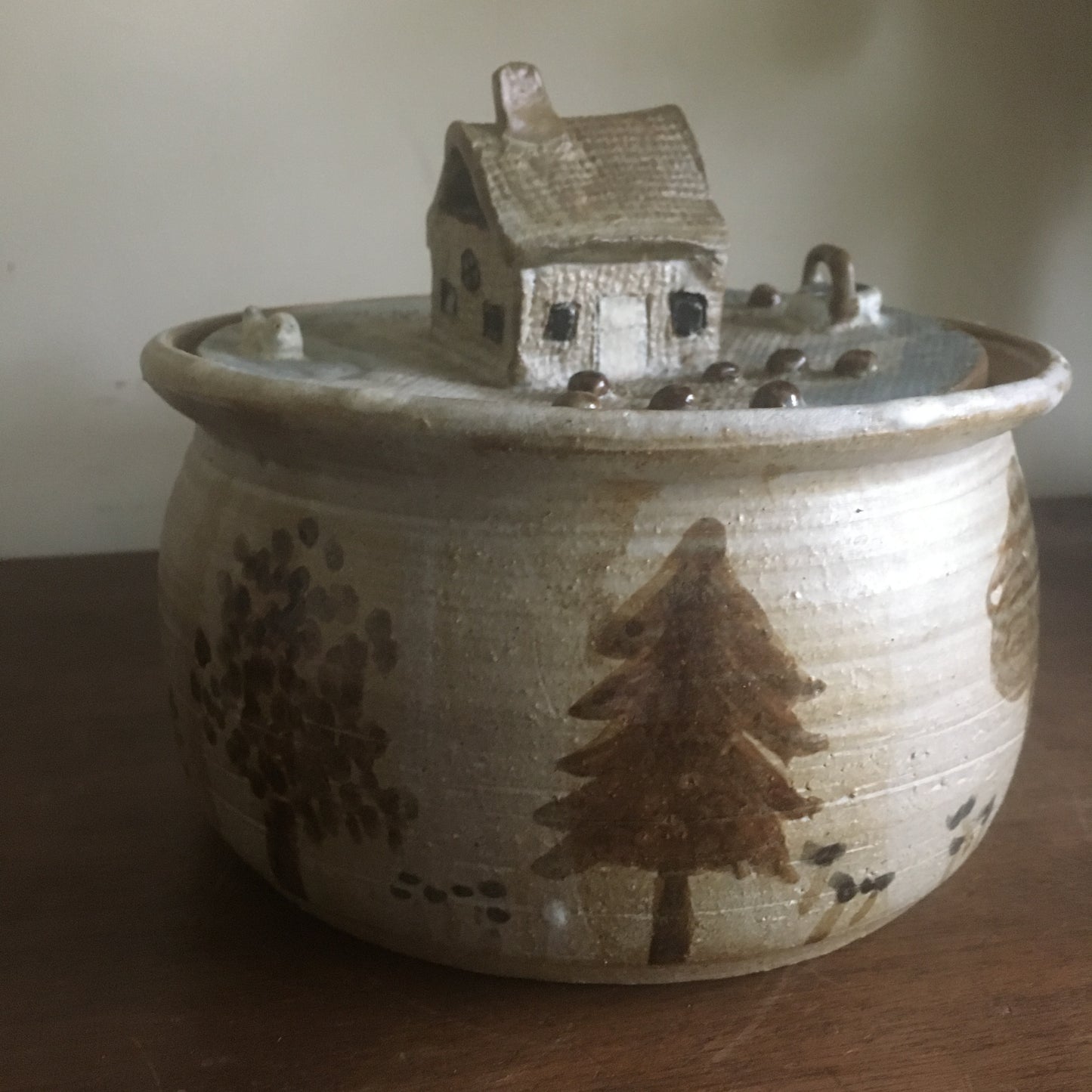 Studio Pottery Lidded Bowl - House in the woods motif