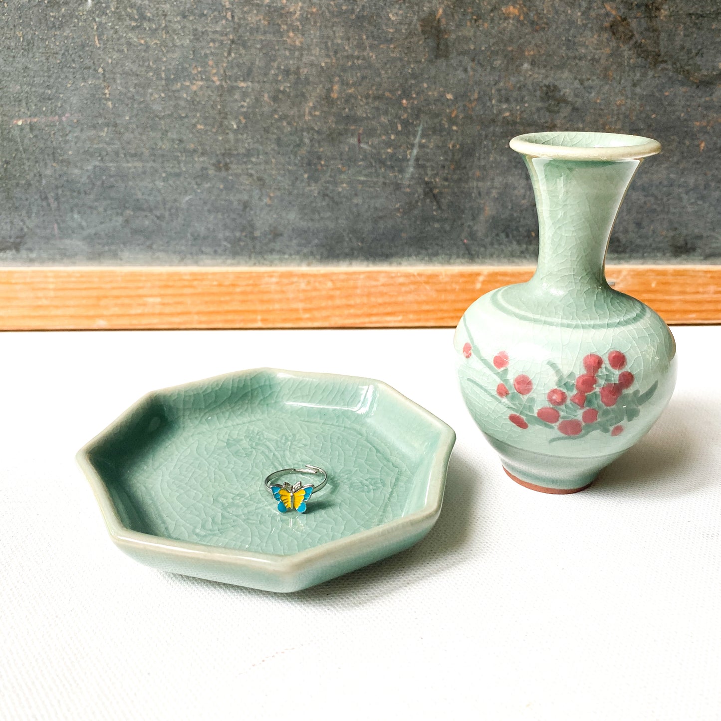 Vintage Asian Celadon Bud Vase and Trinket Dish