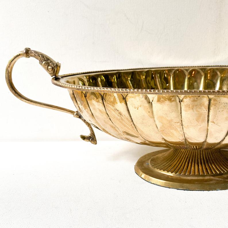 Vintage brass pedestal bowl with serpent handles – valerietylercollection