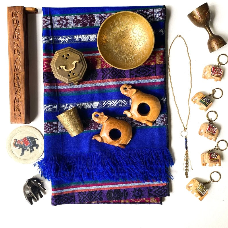 Curated Vintage Collection, Bohemian Decor Assortment, Elephants, Boho Runner, Incense Box, Vintage Bundle, etched brass, elephant lover