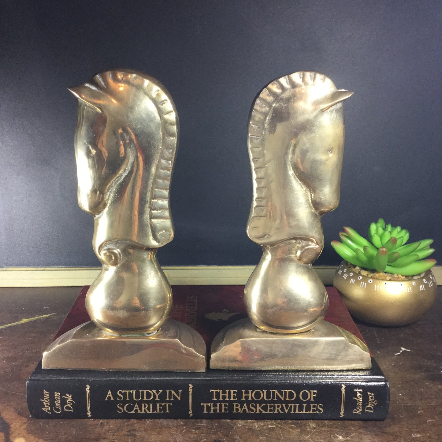 Vintage Brass Chess Knight Bookends - horse bookends