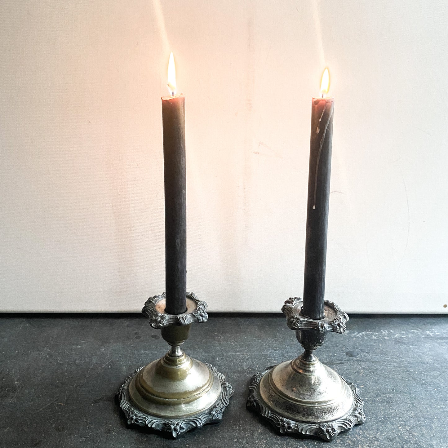 Ornate Vintage Silverplate Taper Candlestick Holders, Sheridan Silver