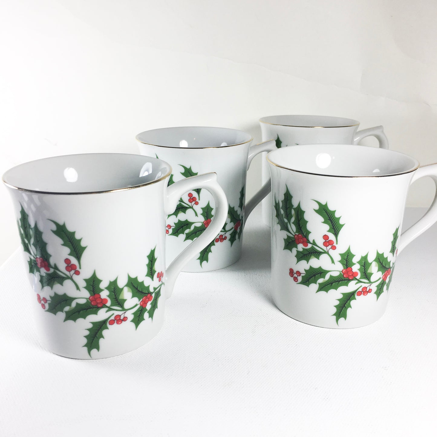 Set of four vintage porcelain holiday mugs, the Trimmings, Christmas Decor