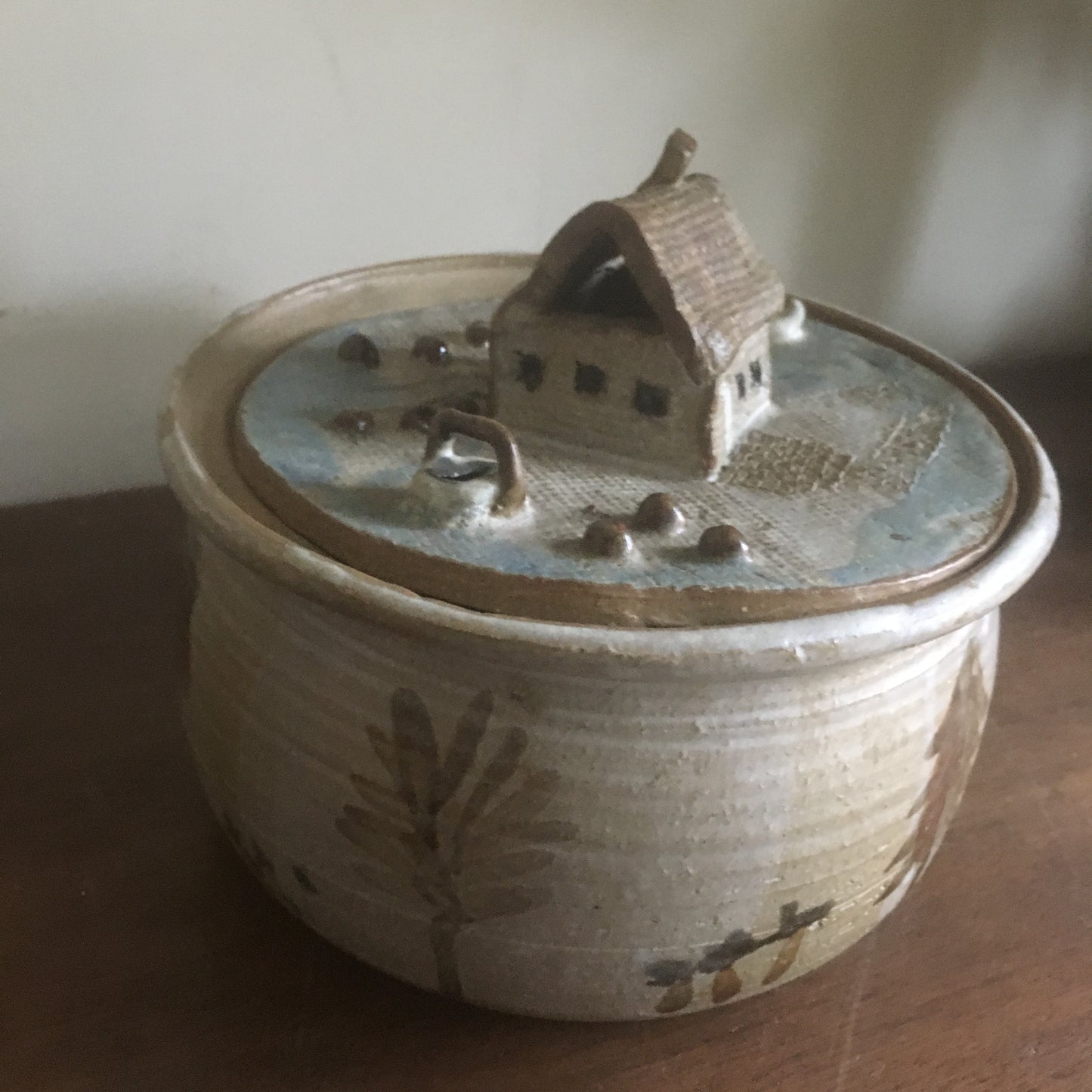 Studio Pottery Lidded Bowl - House in the woods motif