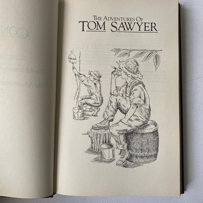 Vintage Mark Twain book, Tom Sawyer, Huckleberry Finn, decorative edition