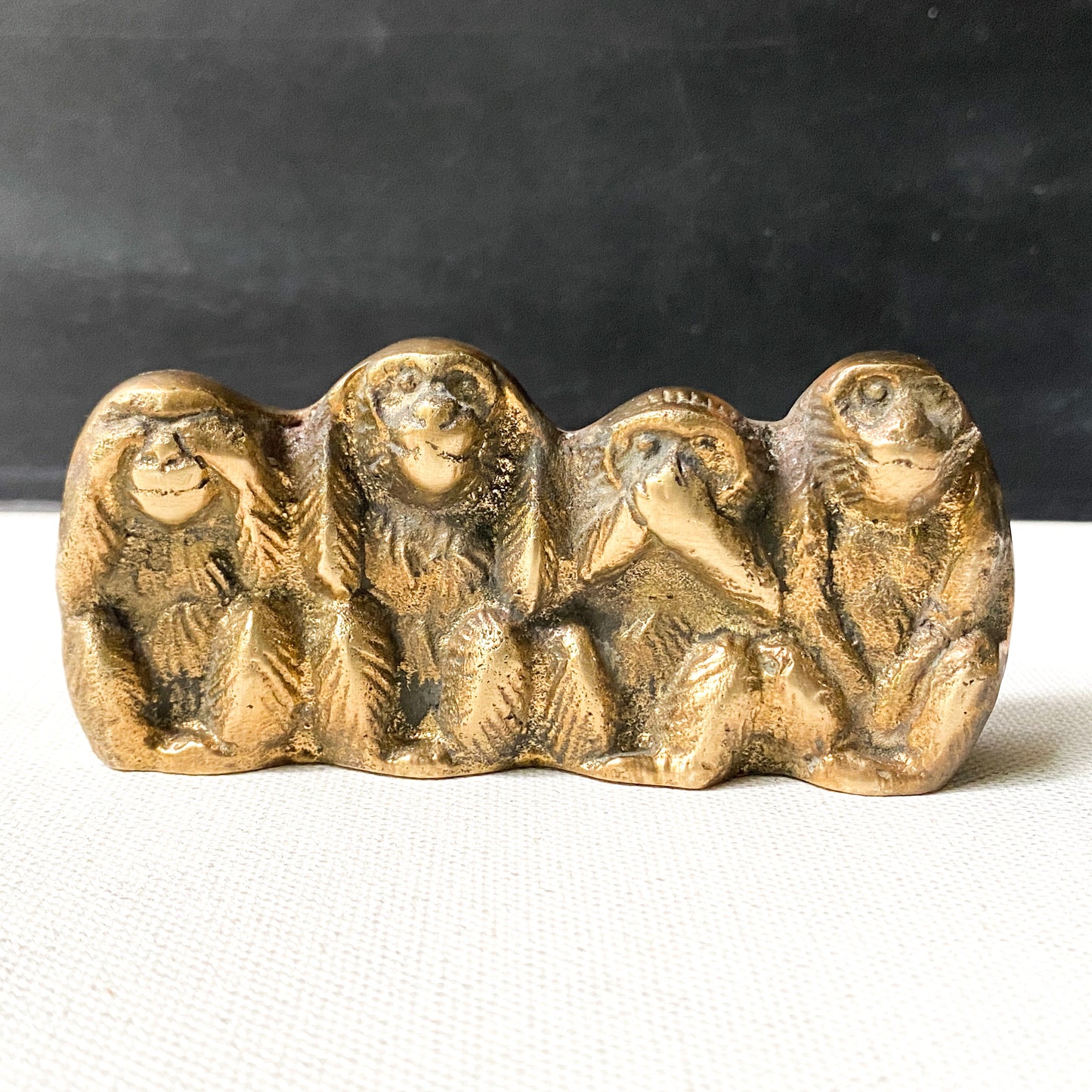 Vintage brass four wide monkeys figurine, see no eveil, hear no evil, speak no evil, do no evil