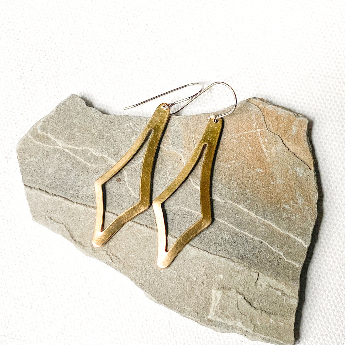 Brass diamond shaped dangle earrings, lightweight long earrings