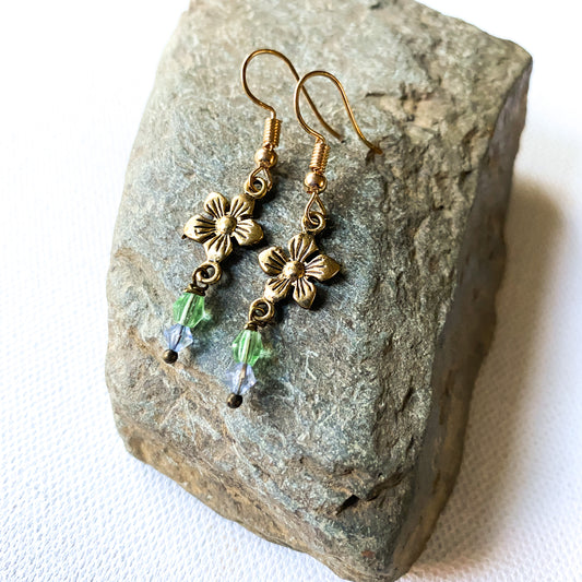 Flower Earrings with blue and green crystals