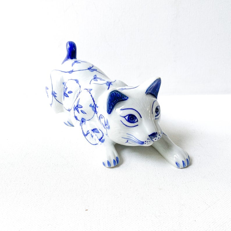 Vintage Blue and White Cat Sculpture